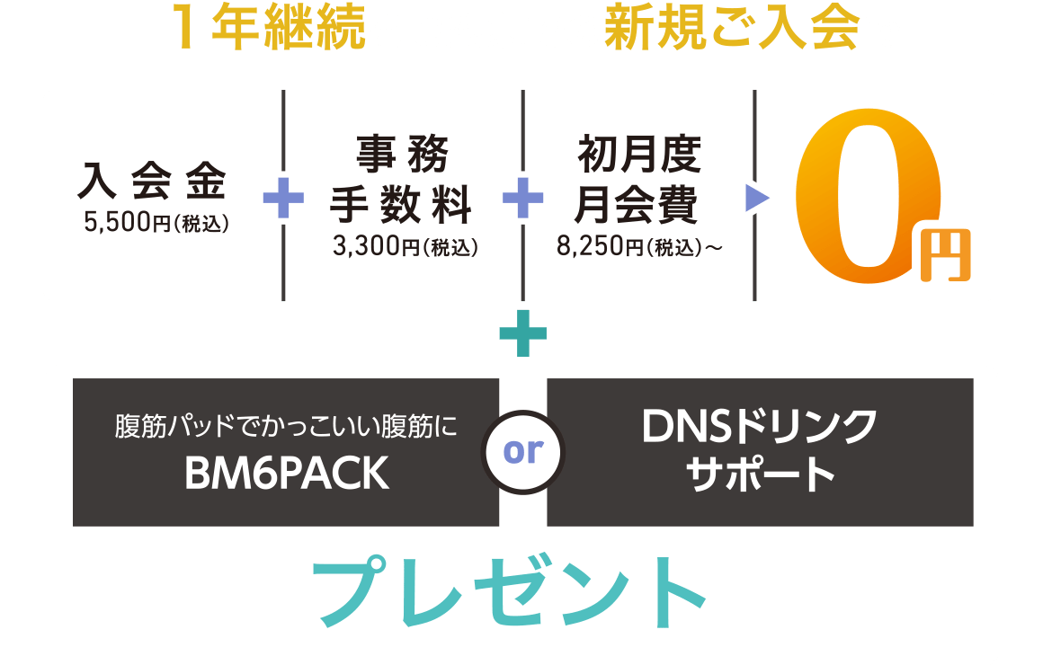 1年継続をお約束での新規ご入会で、入会金5,500円(税込)+事務手数料3,300円(税込)+初月度月会費8,250円(税込)〜=0円+腹筋パッドでかっこいい腹筋にBM6PACK or DNSドリンクサポートプレゼント