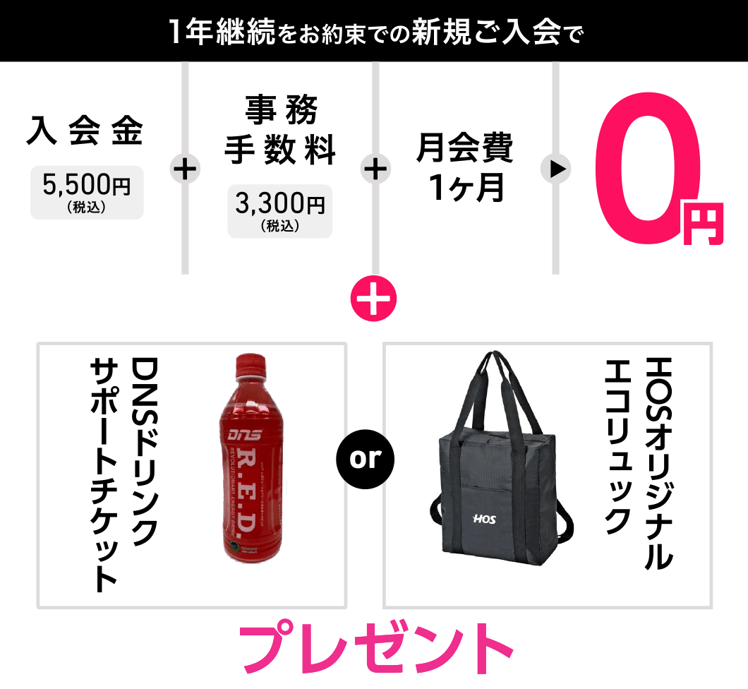 1年継続をお約束での新規ご入会で、入会金5,500円(税込)+事務手数料3,300円(税込)+月会費1ヶ月=0円+HOSオリジナルエコリュック or DNSドリンクサポートチケットプレゼント