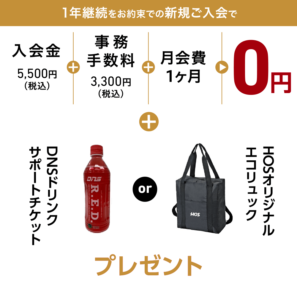 1年継続をお約束での新規ご入会で、入会金5,500円(税込)+事務手数料3,300円(税込)+月会費1ヶ月=0円+HOSオリジナルエコリュック or DNSドリンクサポートチケットプレゼント