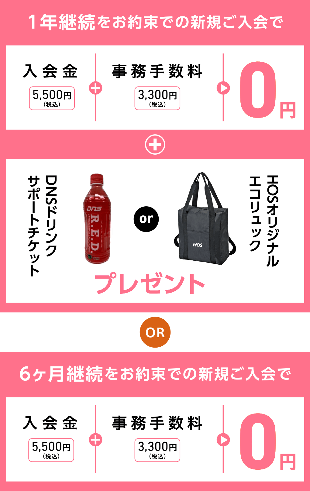 1年継続をお約束での新規ご入会で、入会金5,500円(税込)+事務手数料3,300円(税込)=0円+HOSオリジナルエコリュックorDNSドリンクサポートチケットプレゼント OR 6ヶ月継続をお約束での新規ご入会で、入会金5,500円(税込)+事務手数料3,300円(税込)=0円