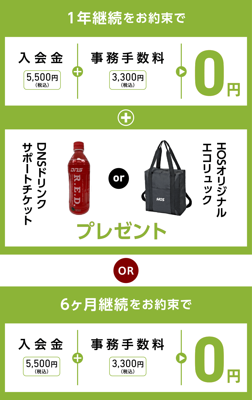 1年継続をお約束で、入会金5,500円(税込)+事務手数料3,300円(税込)=0円+HOSオリジナルエコリュックorDNSドリンクサポートチケットプレゼント OR 6ヶ月継続をお約束で、入会金5,500円(税込)+事務手数料3,300円(税込)=0円