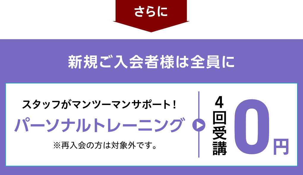さらに新規ご入会者様は全員に、スタッフがマンツーマンサポート!パーソナルトレーニング4回受講0円 ※再入会の方は対象外です。