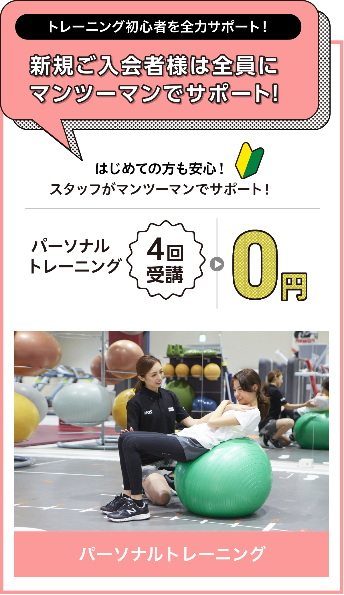 トレーニング初心者を全力サポート!新規ご入会者様は全員にマンツーマンでサポート! はじめての方も安心!スタッフがマンツーマンでサポート! パーソナルトレーニング4回受講が0円