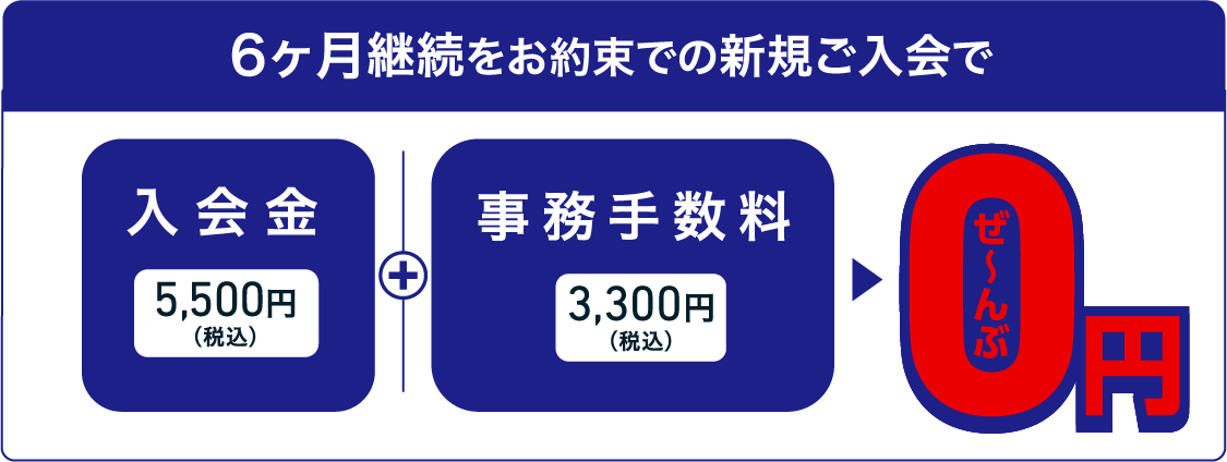 6ヶ月継続をお約束での新規ご入会で、入会金5,500円（税込）＋事務手数料3,300円（税込）=0円